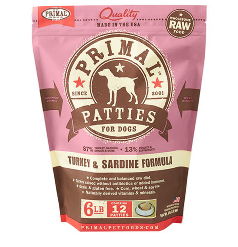 Primal Pet Foods Canine Raw Frozen Patties (Turkey & Sardine 6 Lb)