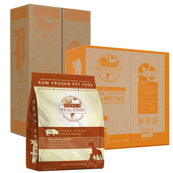 Steve's Real Food Frozen Raw Pork Diet for Dogs and Cats (20 lb Box Patties)